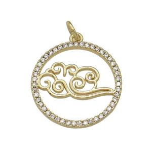 copper circle pendant paved zircon, cloud, gold plated, approx 20mm dia