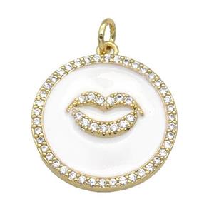 copper circle Lip pendant paved zircon, white enamel, gold plated, approx 20mm dia