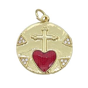 copper circle pendant paved zircon, red enamel heart, gold plated, approx 19mm