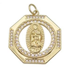 copper hexagon pendant paved zircon, Virgin Mary, gold plated, approx 22mm