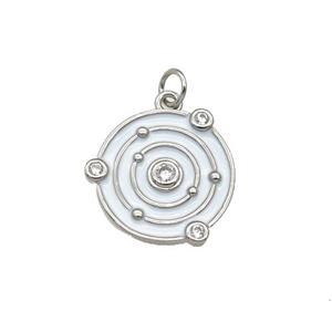 copper circle pendant with white enamel, planet, platinum plated, approx 14mm dia