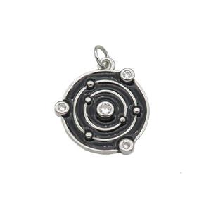 copper circle pendant with black enamel, planet, platinum plated, approx 14mm dia