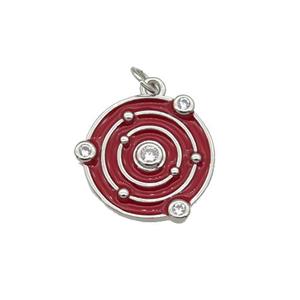 copper circle pendant with red enamel, planet, platinum plated, approx 14mm dia