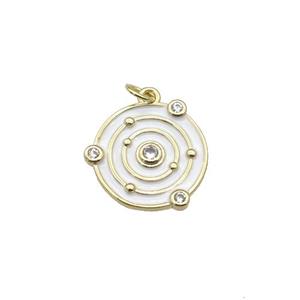 copper circle pendant with white enamel, planet, gold plated, approx 14mm dia