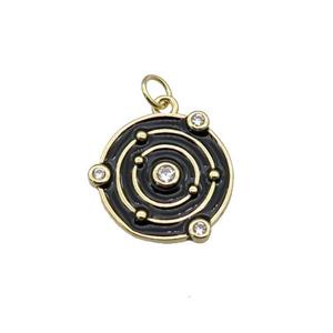 copper circle pendant with black enamel, planet, gold plated, approx 14mm dia