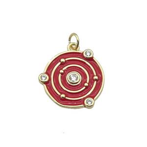 copper circle pendant with red enamel, planet, gold plated, approx 14mm dia