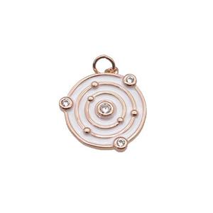copper circle pendant with white enamel, planet, rose gold, approx 14mm dia