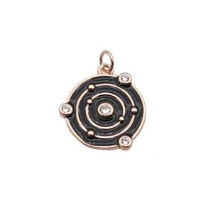 copper circle pendant with black enamel, planet, rose gold, approx 14mm dia