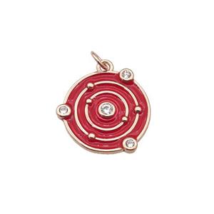 copper circle pendant with red enamel, planet, rose gold, approx 14mm dia