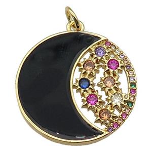 copper circle Moon pendant paved zircon with black enamel, gold plated, approx 22mm dia