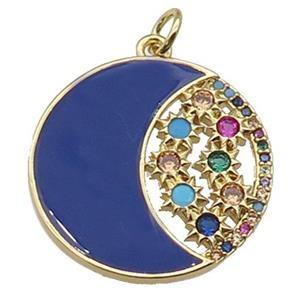 copper circle Moon pendant paved zircon with blue enamel, gold plated, approx 22mm dia