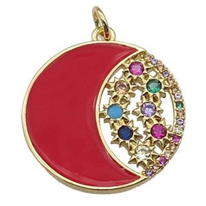 copper circle Moon pendant paved zircon red black enamel, gold plated, approx 22mm dia