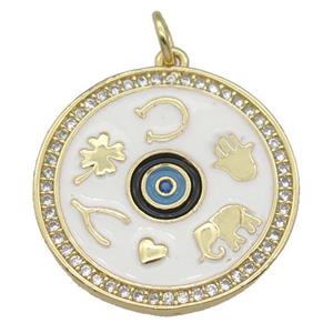copper circle astrology pendant paved zircon, enamel Evil Eye, medallion, gold plated, approx 22mm dia