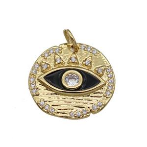 copper coin pendant paved zircon, black enamel eye, gold plated, approx 16-17mm