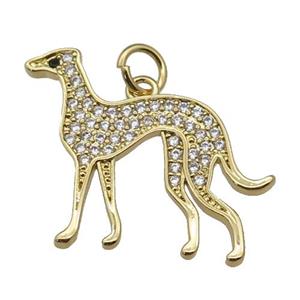 copper Greyhound charm pendant paved zircon, dog, gold plated, approx 20-21mm