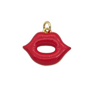 copper Lip charm pendant with red enamel, gold plated, approx 12-16mm