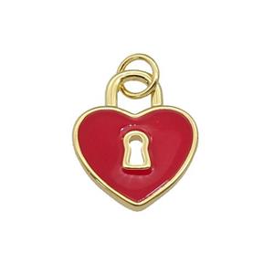 copper Heart Lock pendant with red enamel, gold plated, approx 13mm