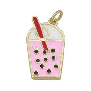 copper milkTea charm pendant with pink enamel, drinks, gold plated, approx 12-20mm