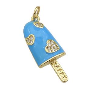 copper Icecream charm pendant paved zircon, blue enamel, gold plated, approx 10-25mm