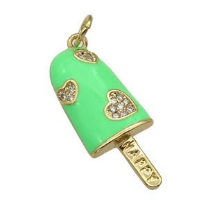 copper Icecream charm pendant paved zircon, green enamel, gold plated, approx 10-25mm