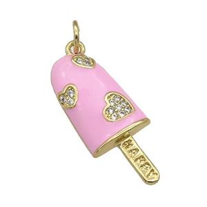 copper Icecream charm pendant paved zircon, pink enamel, gold plated, approx 10-25mm