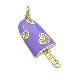 copper Icecream charm pendant paved zircon, lavender enamel, gold plated, approx 10-25mm