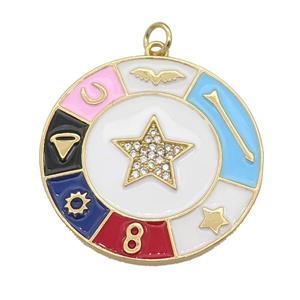 copper circle star pendant paved zircon, enamel, medallion, gold plated, approx 30mm dia