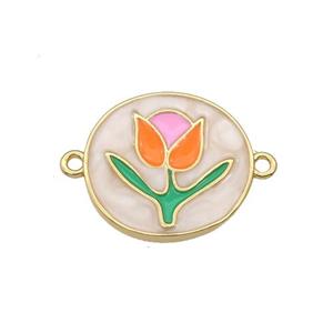 copper tulip connector with enamel, flower, gold plated, approx 15-16mm