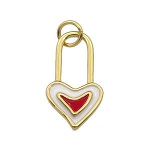 copper Heart Lock pendant with white enamel, gold plated, approx 10-18.5mm