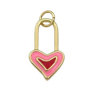 copper Heart Lock pendant with pink enamel, gold plated, approx 10-18.5mm