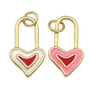 copper Heart Lock pendant with enamel, gold plated, mixed, approx 10-18.5mm