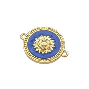 copper coin flower connector with blue enamel, gold plated, approx 15.5mm dia