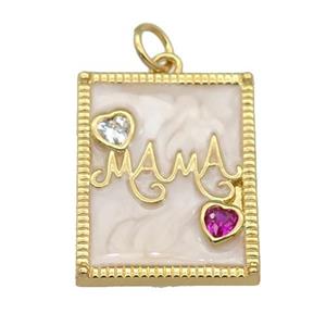 copper Rectangle pendant paved zircon with white enamel, MAMA, gold plated, approx 16-20mm