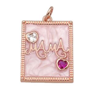 copper Rectangle pendant paved zircon with white enamel, MAMA, rose gold, approx 16-20mm