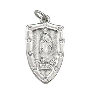 copper Virgin Mary Shield pendant paved zircon, religious, platinum plated, approx 12-21mm
