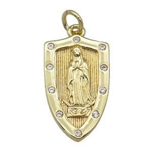 copper Virgin Mary Shield pendant paved zircon, religious, gold plated, approx 12-21mm