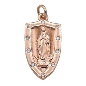 copper Virgin Mary Shield pendant paved zircon, religious, rose gold, approx 12-21mm