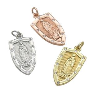 copper Virgin Mary Shield pendant paved zircon, religious, mixed, approx 12-21mm