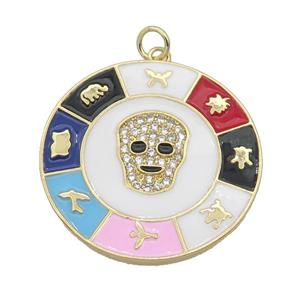 copper circle astrology pendant paved zircon, Skull, medallion, gold plated, approx 30mm dia