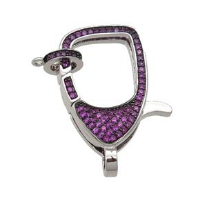 copper Lobster Clasp paved hotpink zircon, platinum plated, approx 17-26mm