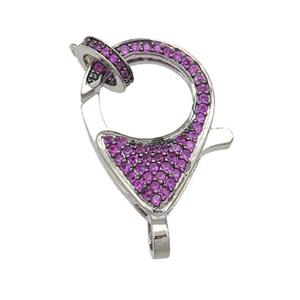 copper Lobster Clasp paved hotpink zircon, platinum plated, approx 16-22mm