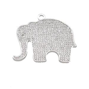 copper Elephant charm pendant paved zircon, platinum plated, approx 30-37mm