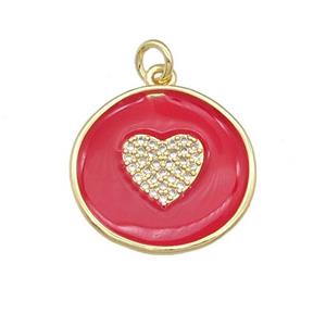 copper coin Heart pendant paved zircon with red enamel, gold plated, approx 20mm dia