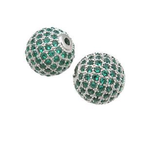 round copper Beads pave green zircon, platinum plated, approx 12mm dia