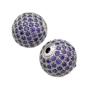 round copper Beads pave purple zircon, platinum plated, approx 12mm dia
