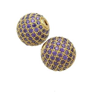 round copper Beads pave purple zircon, gold plated, approx 12mm dia