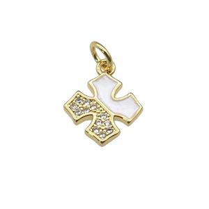 copper cross pendant paved zircon with white enamel, gold plated, approx 10mm