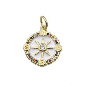 copper Compass pendant paved zircon with white enamel, gold plated, approx 15mm