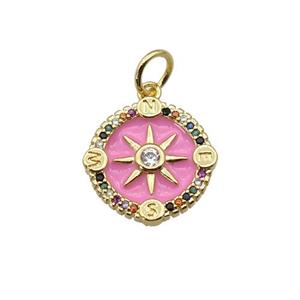 copper Compass pendant paved zircon with pink enamel, gold plated, approx 15mm
