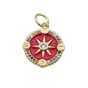 copper Compass pendant paved zircon with red enamel, gold plated, approx 15mm